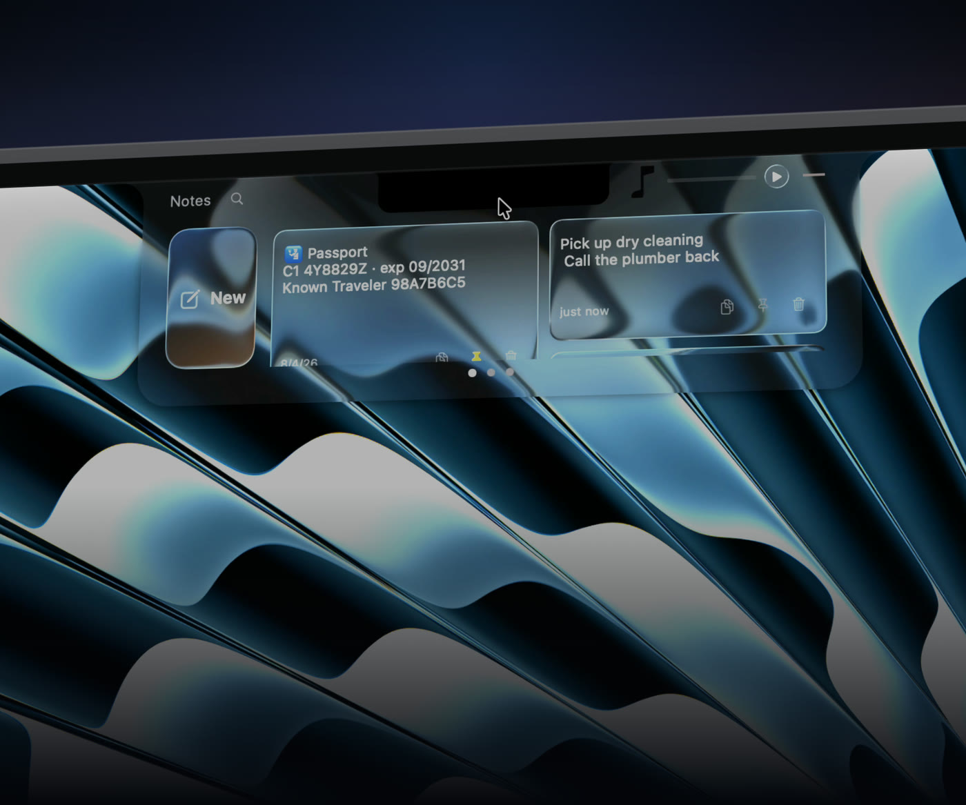 Peninsula notes open in the notch, in Liquid Glass over a blue macOS wallpaper